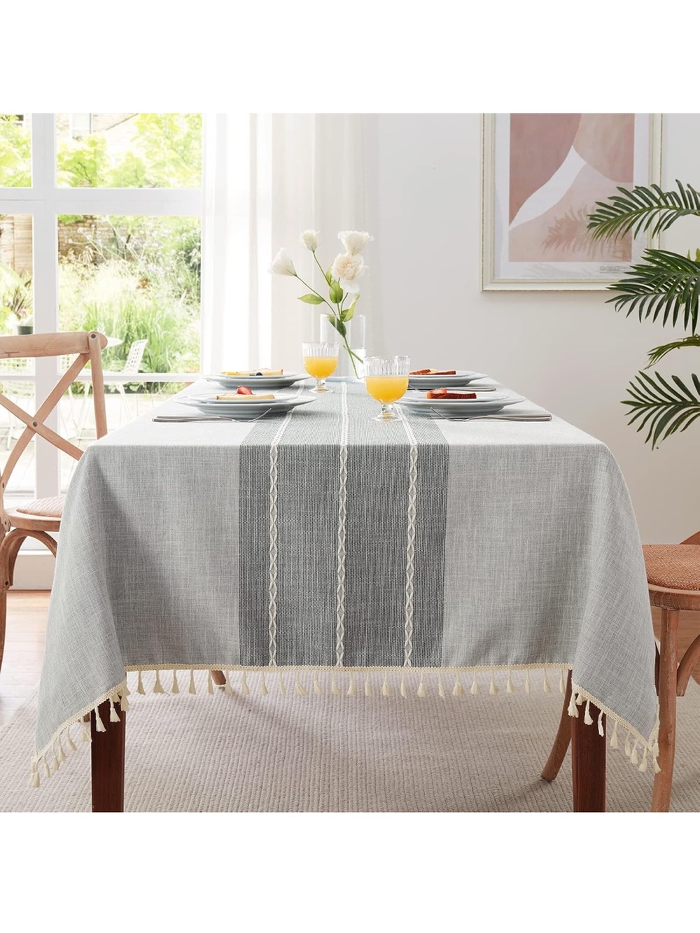 Cotton Linen Grey Stripe Rectangle Tablecloth with Beige Tassels 55” x 70”